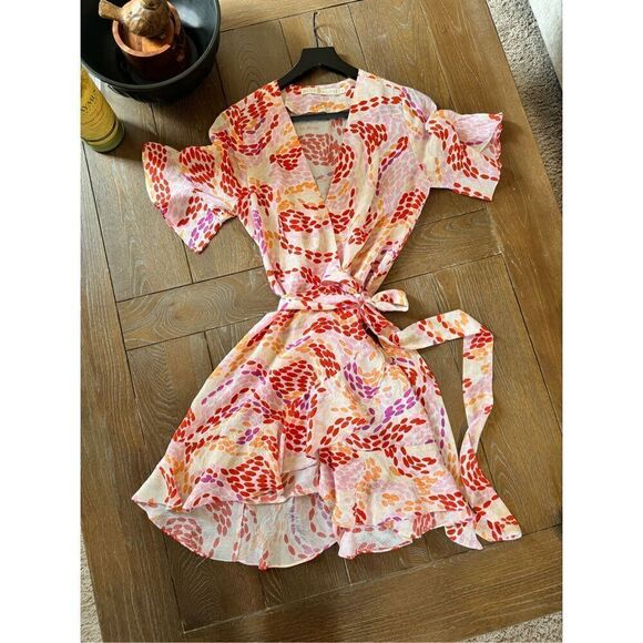 Marie Oliver Colorful Silk Ruffle Wrap Retta Dress Size XSmall - Picture 2 of 10